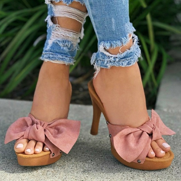 Shoes - Mauve Bow 80s Vintage Wooden Mules